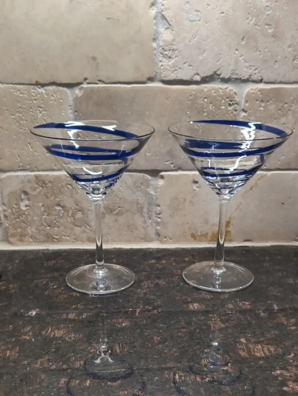 2 Pier 1 Swirline Blue Martini Glasses Hand Blown